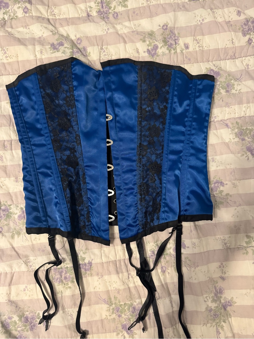 Blue Satin Lace Corset with Garter Straps